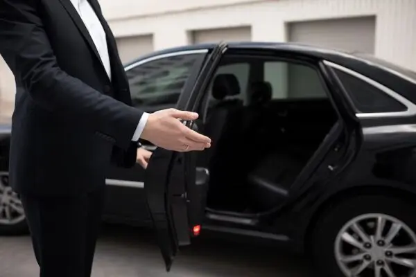 Chauffeur standing beside black sedan holding rear door open